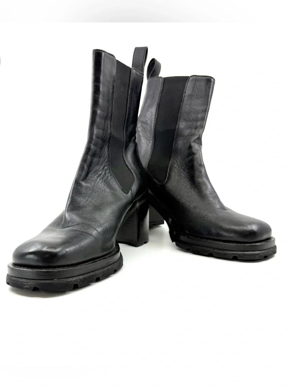 BY FAR Black Leather Chunky Heel Chelsea Ankle Boots